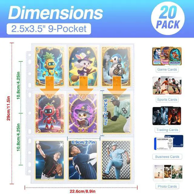 Alt view image 3 of 7 - 360 Pockets Double-Sided 9 Pocket Trading Card Pages for 3 Ring Binder, Clear Plastic Sleeves for Sport Cards, Business Cards, Game Cards, Photos (20 Pack)