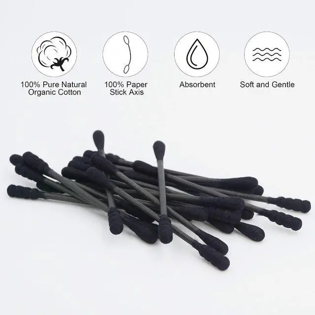 Alt view image 5 of 7 - Spiral & Round Cotton Swabs - 200 Count Organic Cotton Buds, Paper Stick, Charcoal Tips, Soft, Gentle, Cruelty-Free, Lint-Free (Black)