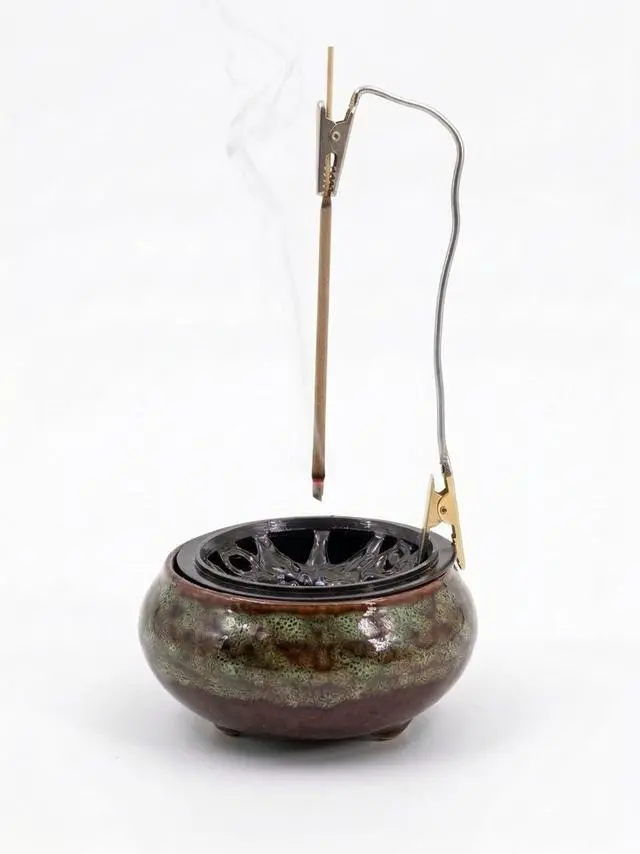 Main image of Vintage Kiln-Changed Ceramic Incense Burner Set with Alloy Holder, Clip and Fireproof Mat, for Coil, Cone, Stick Incense, Zen Decor for Home Meditation Yoga