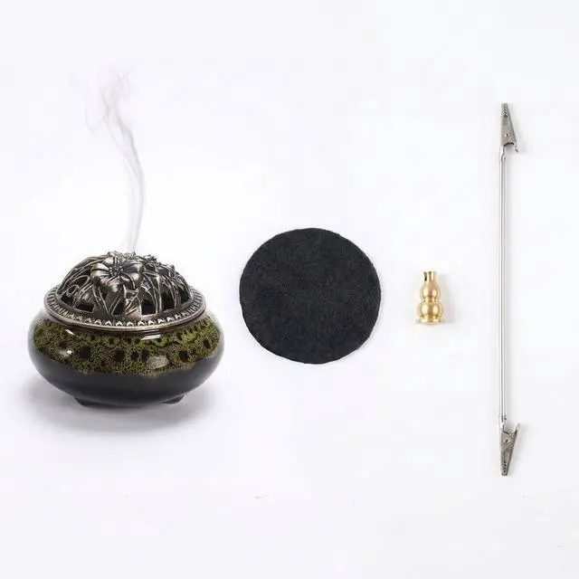 Alt view image 2 of 6 - Vintage Kiln-Changed Ceramic Incense Burner Set with Alloy Holder, Clip and Fireproof Mat, for Coil, Cone, Stick Incense, Zen Decor for Home Meditation Yoga