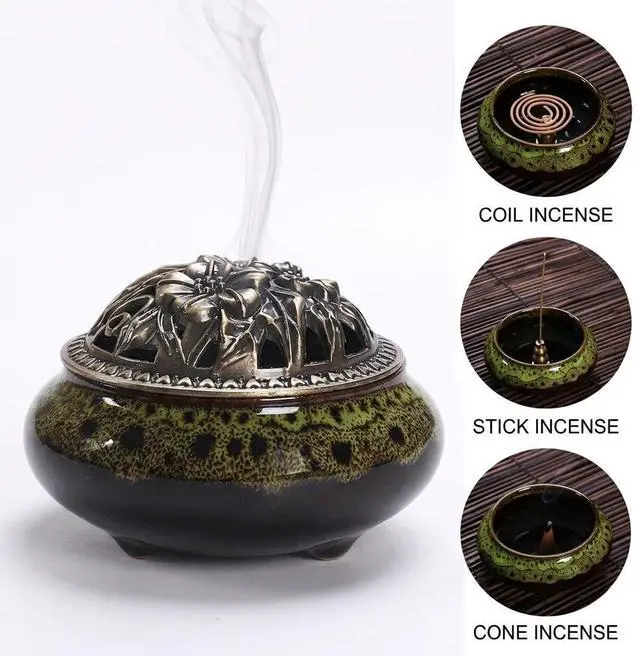 Alt view image 3 of 6 - Vintage Kiln-Changed Ceramic Incense Burner Set with Alloy Holder, Clip and Fireproof Mat, for Coil, Cone, Stick Incense, Zen Decor for Home Meditation Yoga