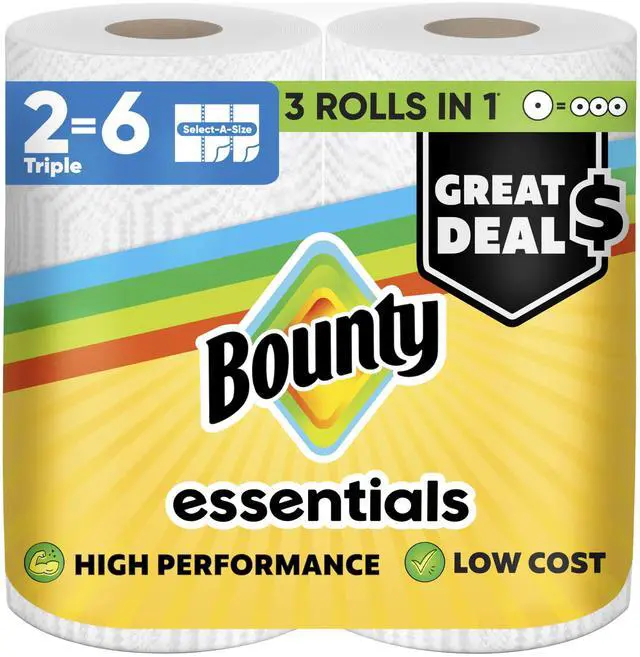 Main image of Bounty Essentials Select-A-Size Paper Towels, 2 Triple Rolls (6 Regular Rolls), White
