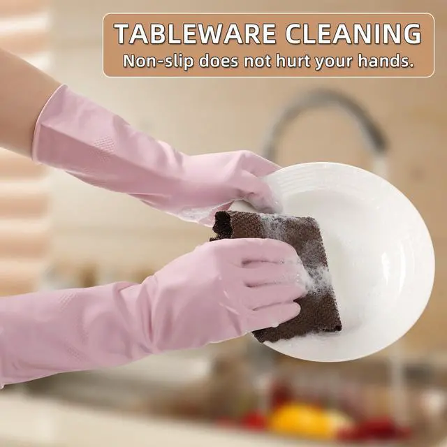 Alt view image 6 of 6 - Rubber Gloves 2Pairs Reusable Non-Slip Long-lasting Kitchen Dishwashing Gloves