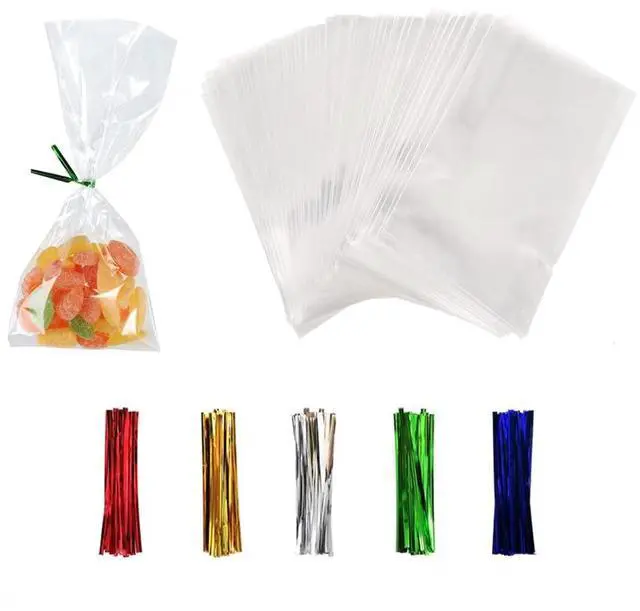 Main image of XLSFPY 100PCS Clear Cellophane Treat Bags with 100PCS Twist Ties, 3x4 OPP Rice Crispy Bags for Gift, Candy, Birthday, Christmas, New Year, Wedding