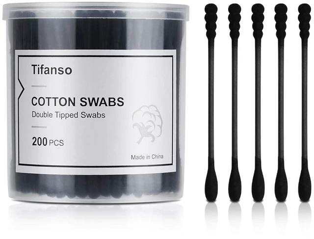 Main image of Tifanso 200 Count Double Tipped Cotton Swabs, Black, Hypoallergenic Natural