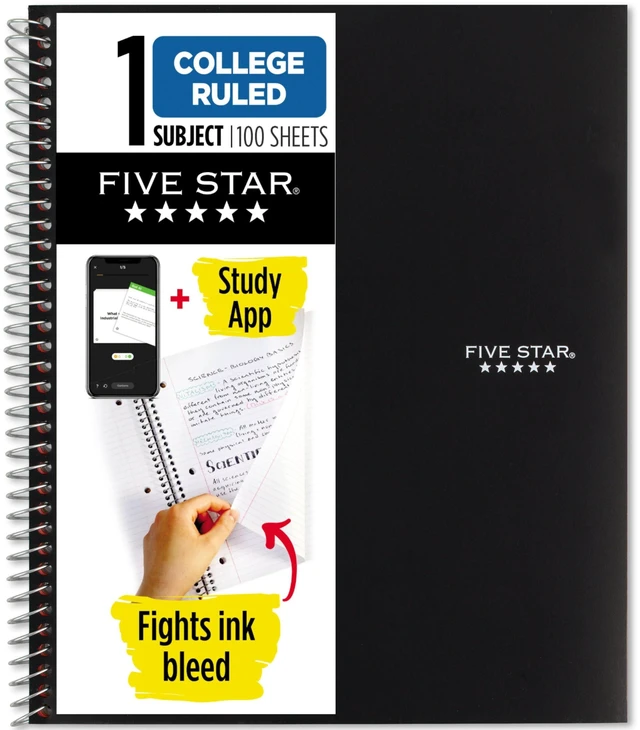 Main image of Five Star Spiral Notebook Plus Study App, 1 Subject, College Ruled, 100 Sheets, 8.5" x 11", Black (72057)