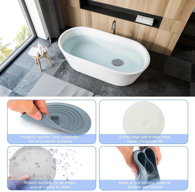 Alt view image 4 of 5 - V-TOP Bathtub Drain Stopper 2 Pack, 5 Inches Silicone Flat Suction Tub Stopper, Hair Stopper, Universal Shower Drain Cover, Renter Friendly Bath Accessories, White & Grey