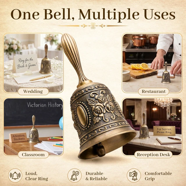 Alt view image 2 of 6 - DomeStar Vintage Brass Hand Bell - Loud Call for Bedside, Dinner, Wedding, Christmas & Holiday Party