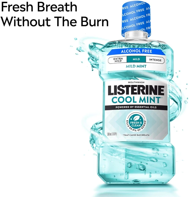 Alt view image 6 of 6 - Listerine Cool Mint Alcohol Free Mouthwash, Mild Mint, 33.8 fl oz (1 L)