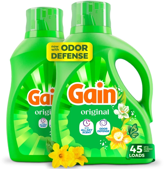 Main image of Gain Liquid Laundry Detergent with Odor Defense, Original Scent, 60 fl oz, 45 Loads, Pack of 2, for HE Washing Machines (Packaging May Vary)