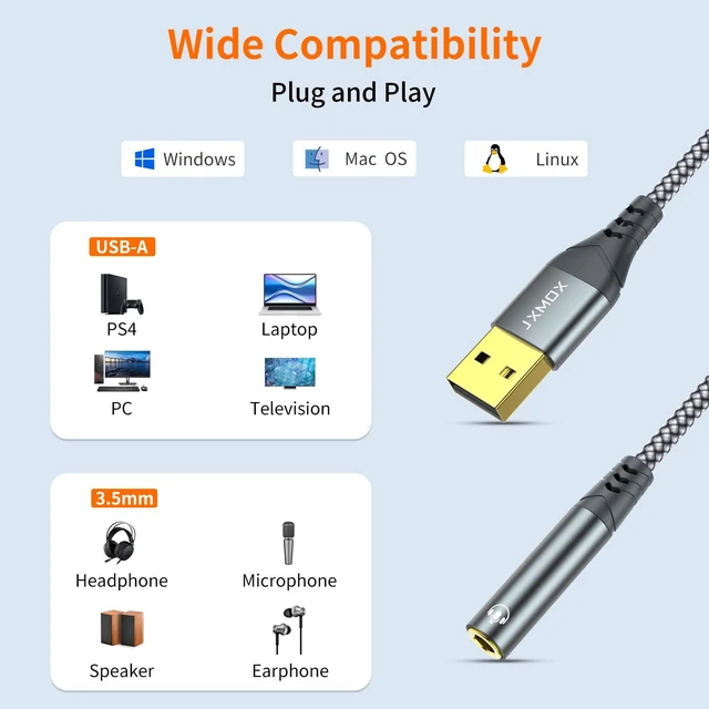 Alt view image 2 of 7 - JXMOX USB-A to 3.5mm TRRS 4-Pole Female External Stereo Sound Card (2-Pack) for Headphones, Mac, PS4, PS5, PC, Laptops, Desktops