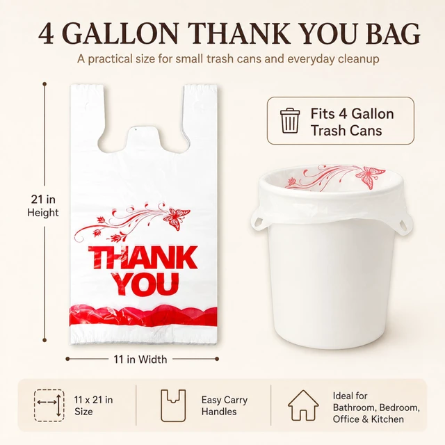 Alt view image 7 of 7 - 4 Gallon Small Trash Bags with Handles, 100 Count, 11" x 21" Plastic Garbage Bags for Home Kitchen Office Bathroom, Thank You T-Shirt Style for Small Business Takeout Gro
