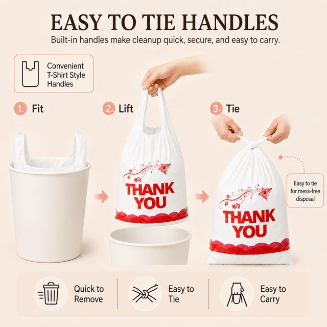 Alt view image 6 of 7 - 4 Gallon Small Trash Bags with Handles, 100 Count, 11" x 21" Plastic Garbage Bags for Home Kitchen Office Bathroom, Thank You T-Shirt Style for Small Business Takeout Gro