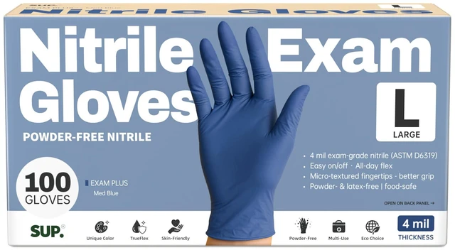 Main image of SUP Powder-Free Nitrile Exam Gloves, Food Safe, Latex-Free, Medical Non-Sterile, Cooking Disposable, Blue, 100/1000 Count