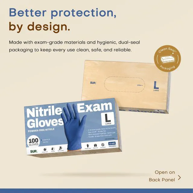 Alt view image 3 of 6 - SUP Powder-Free Nitrile Exam Gloves, Food Safe, Latex-Free, Medical Non-Sterile, Cooking Disposable, Blue, 100/1000 Count