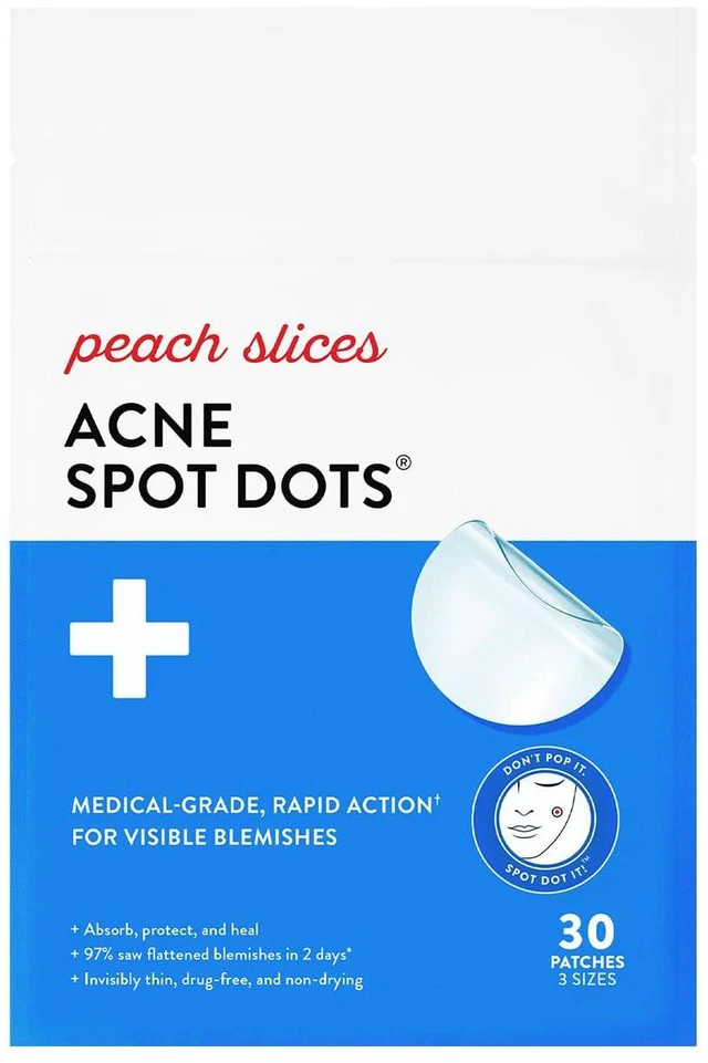 Main image of Peach Slices Acne Spot Dots 30ct Hydrocolloid Pimple Patches for Face, 3 Sizes 7/10/12mm, Vegan Cruelty Free Korean Skin Care