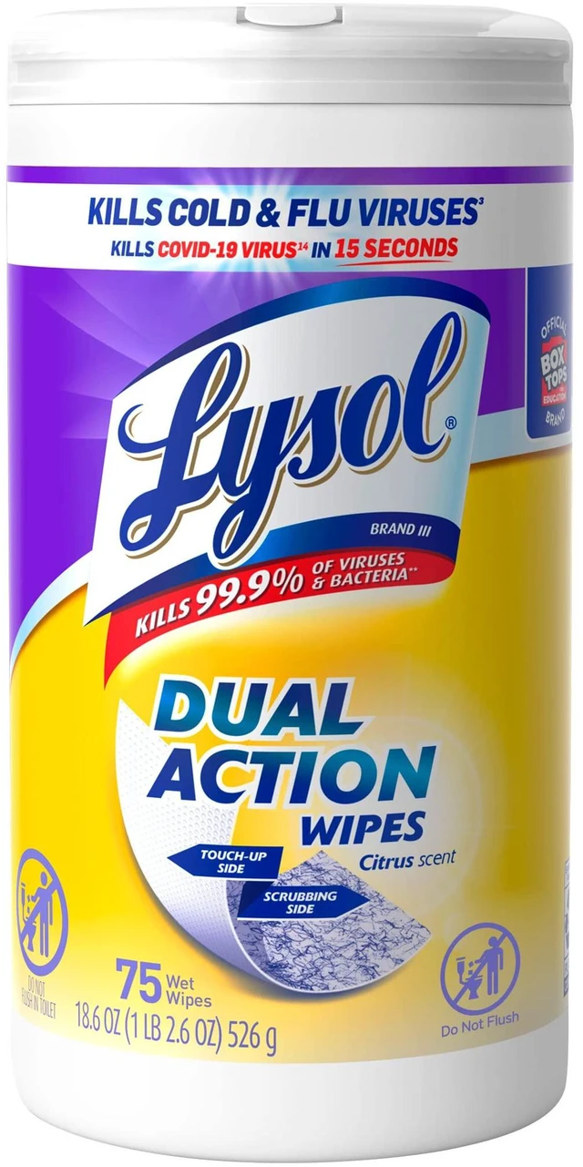 Main image of Lysol Dual Action Disinfectant Wipes, Multi-Surface Antibacterial Scrubbing, Citrus Scent, 75ct