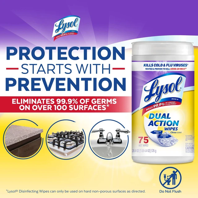 Alt view image 6 of 6 - Lysol Dual Action Disinfectant Wipes, Multi-Surface Antibacterial Scrubbing, Citrus Scent, 75ct