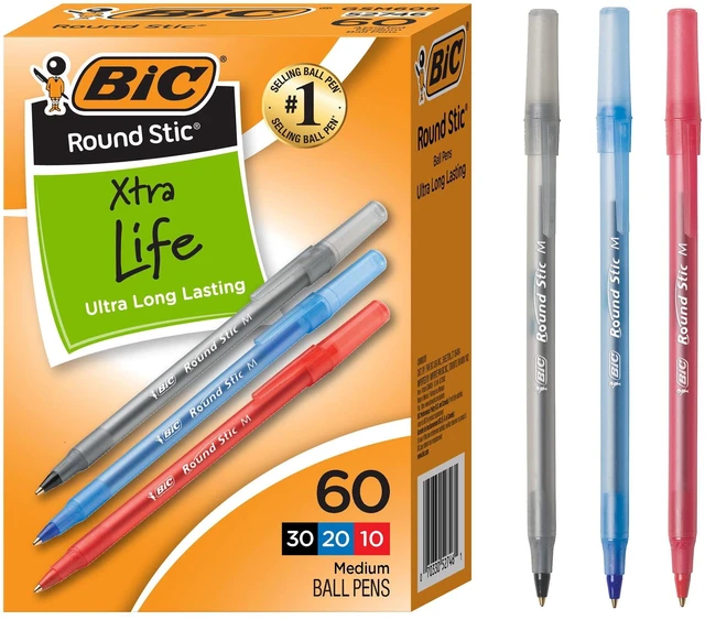 Main image of BIC Round Stic Xtra Life Ballpoint Pens, Assorted Ink, Medium Point 1.0mm, 60 Count