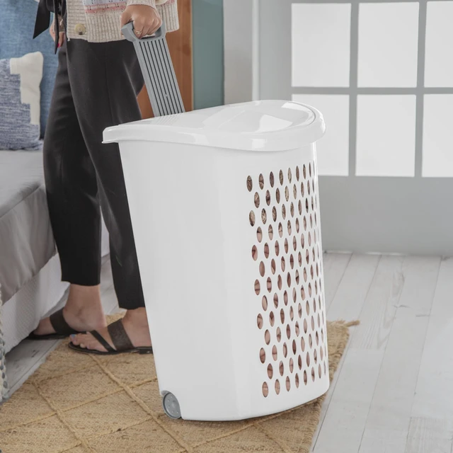 Alt view image 3 of 6 - Sterilite Ultra Wheeled Plastic Laundry Hamper with Handle and Wheels, White