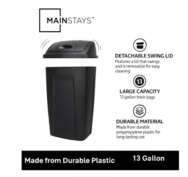 Alt view image 2 of 6 - Mainstays 13Gallon Plastic Kitchen Trash Can with Swing Top Lid, Black