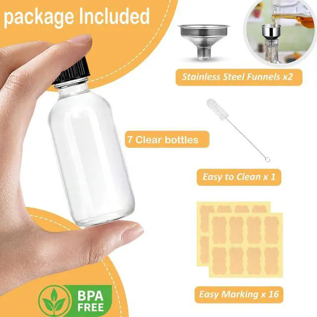 Alt view image 2 of 7 - 2oz Small Clear Glass Bottles with Lids - 7 Pack Shot Bottles with Caps for Ginger Shots, Juice, Potion, Liquids, Whiskey - Mini Travel Bottles with Funnels, Stickers and Brush (7Pack-Clear)
