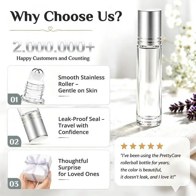 Alt view image 3 of 7 - PrettyCare Set of 12, 10 ml Essential Oil Roller Bottles with Stainless Steel Roller Ball - Refillable Leak-proof Empty Thick Clear Glass Roll on Bottles with Silver Metal Caps for Travel, Perfume