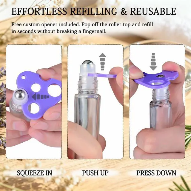 Alt view image 7 of 7 - PrettyCare Set of 12, 10 ml Essential Oil Roller Bottles with Stainless Steel Roller Ball - Refillable Leak-proof Empty Thick Clear Glass Roll on Bottles with Silver Metal Caps for Travel, Perfume
