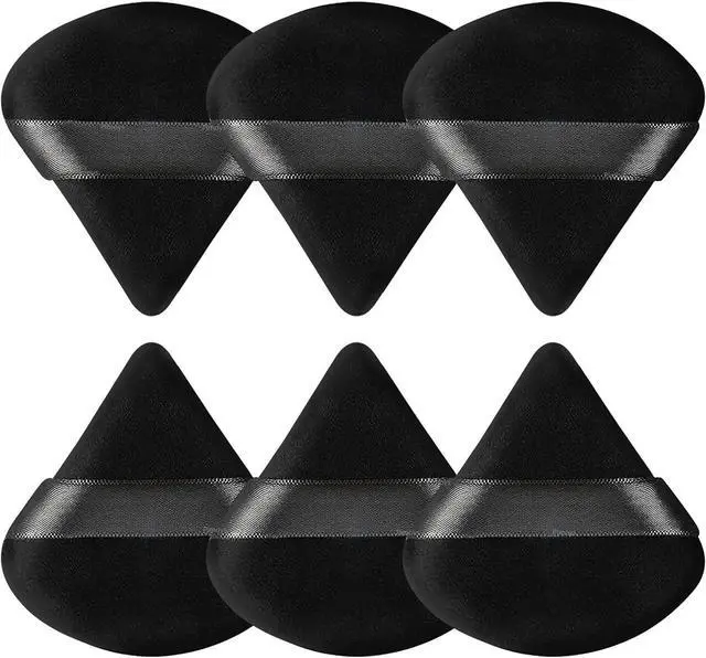 Main image of Pimoys Powder Puffs, 6 Pack Triangle Makeup Puff, Black | Soft Velour, Triangle and Round Design, Washable, Finger Strap, for Loose Powder