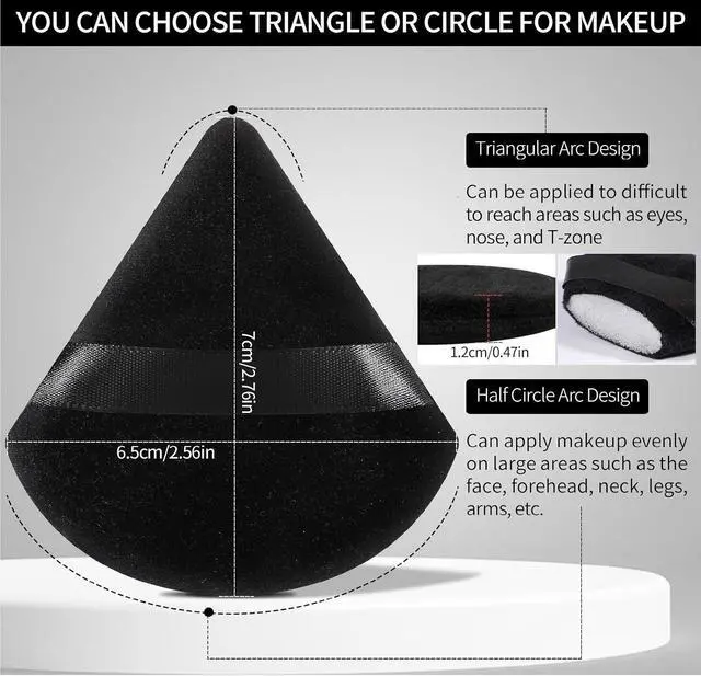Alt view image 2 of 6 - Pimoys Powder Puffs, 6 Pack Triangle Makeup Puff, Black | Soft Velour, Triangle and Round Design, Washable, Finger Strap, for Loose Powder