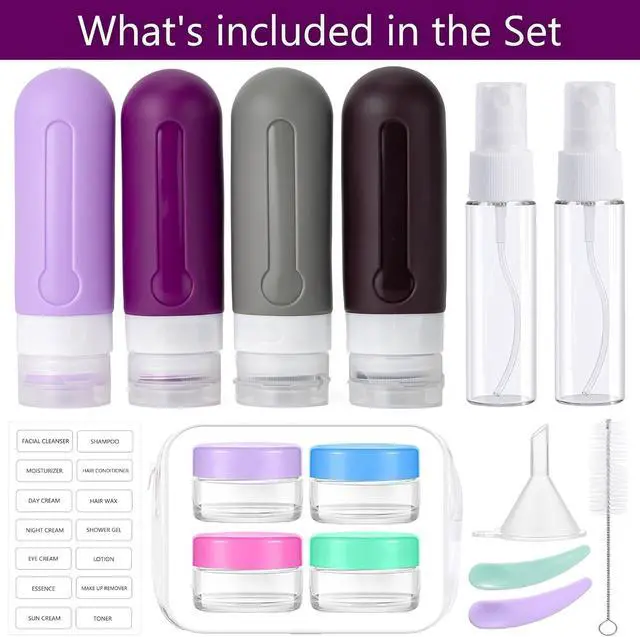 Alt view image 2 of 6 - 16pack Travel Bottles for Toiletries, TSA Approved LeakProof Squeezable Silicone Toiletry Containers for Shampoo, Conditioner, 3oz Portable Refillable Traveling Size Liquid Containers (16Pcs/Purple