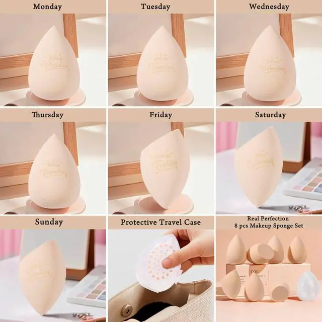 Alt view image 2 of 7 - Real Perfection Makeup Sponge Set Blender Sponges, Latex-Free Beauty Makeup Sponges 7 pcs with 1 Travel Container Case for Blending Foundation Liquid Cream and Powder (Beige)