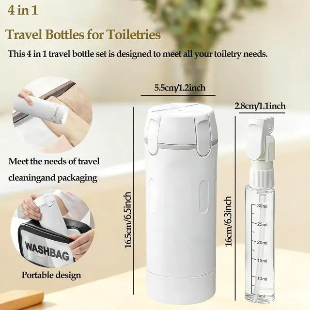 Alt view image 4 of 7 - 4 in 1 Travel Dispenser Bottle, Travel Bottles for Toiletries TSA Approved | Lotion Skincare Shampoo and Conditioner Dispenser, Leakproof, Travel Containers,Travel Size Toiletries for Gym, Business(W)