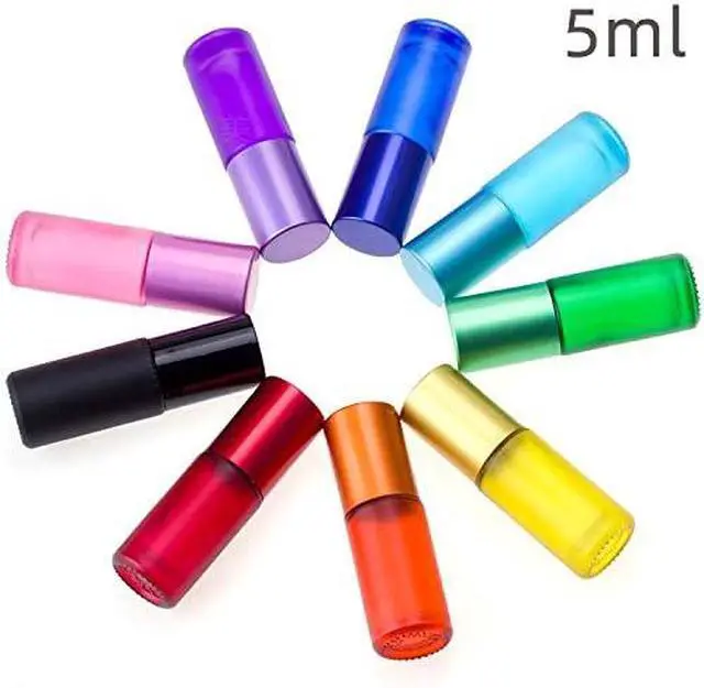 Alt view image 2 of 3 - 5ml 8 Colour Frosted Glass Roll On Bottles,Empty Portable Essential Oil Glass Roller Bottle With Stainless Steel Roller Balls Perfume Roll-On Bottle with Lids-8 Pack