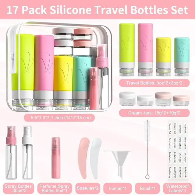 Alt view image 2 of 7 - INSFIT 17 Pack Travel Bottles for Toiletries, TSA Approved 3oz 2oz Travel Size Toiletries, BPA Free Leak Proof Squeezable Silicone Tubes Travel Essentials for Shampoo Conditioner Lotion Soap