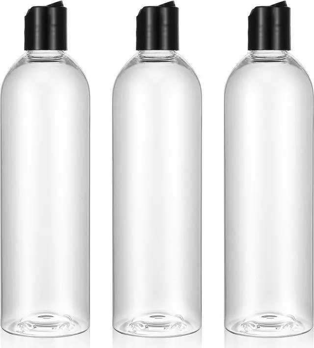 Main image of 3 Pack 14 oz Clear Plastic Empty Bottles with Black Disc Top Caps Refillable Squeezable Trave Containers for Shampoo, Lotions, Creams