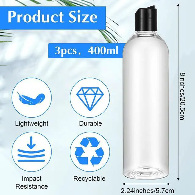 Alt view image 2 of 7 - 3 Pack 14 oz Clear Plastic Empty Bottles with Black Disc Top Caps Refillable Squeezable Trave Containers for Shampoo, Lotions, Creams