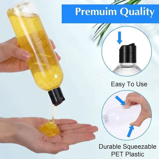 Alt view image 3 of 7 - 3 Pack 14 oz Clear Plastic Empty Bottles with Black Disc Top Caps Refillable Squeezable Trave Containers for Shampoo, Lotions, Creams