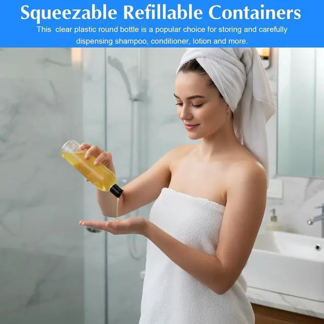 Alt view image 6 of 7 - 3 Pack 14 oz Clear Plastic Empty Bottles with Black Disc Top Caps Refillable Squeezable Trave Containers for Shampoo, Lotions, Creams
