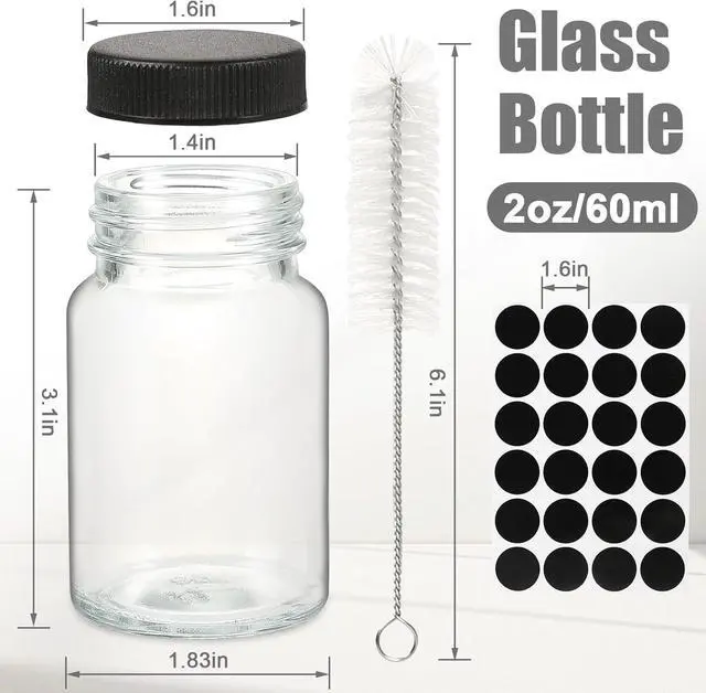 Alt view image 2 of 7 - 2 oz Glass Shot Bottles Black Lids & 24 Labels And Brush-Small Clear Jar for Ginger,Juice, Sample, Whiskey-Travel Essentials Mini Bottles-Wide Mouth, Leakproof,Wellness Shot,Dishwasher Safe (9)