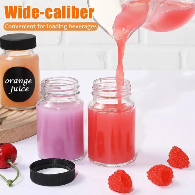 Alt view image 3 of 7 - 2 oz Glass Shot Bottles Black Lids & 24 Labels And Brush-Small Clear Jar for Ginger,Juice, Sample, Whiskey-Travel Essentials Mini Bottles-Wide Mouth, Leakproof,Wellness Shot,Dishwasher Safe (9)