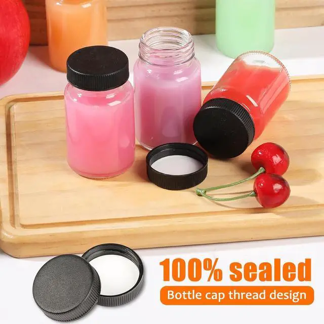 Alt view image 7 of 7 - 2 oz Glass Shot Bottles Black Lids & 24 Labels And Brush-Small Clear Jar for Ginger,Juice, Sample, Whiskey-Travel Essentials Mini Bottles-Wide Mouth, Leakproof,Wellness Shot,Dishwasher Safe (9)