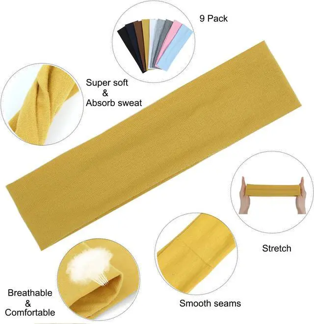 Alt view image 3 of 7 - 9Pcs Headbands for Women Non Slip, Soft Elastic Hair Bands for Women's Hair | Cotton Cloth Stretchy Sweat Bands, Fashion Headband for Sports, Makeup, Running, Yoga, Workout (9Colors-A)