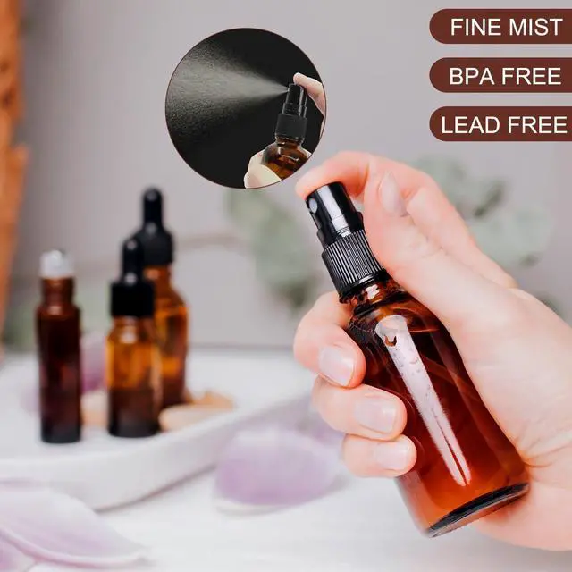 Alt view image 4 of 7 - LANBEAUTIFY 4 oz Amber Glass Spray Bottles - Small Empty Fine Mist Spray Bottle for Essential Oil,Face - Mini Dark Spray Bottles with,Included 6 Sprinkler, 1Funnels,1 Droppers, 4 Labels