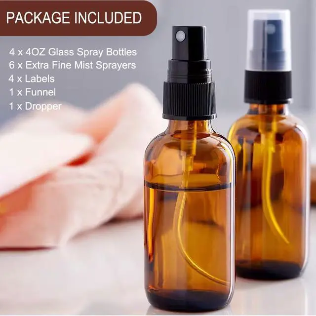 Alt view image 2 of 7 - LANBEAUTIFY 4 oz Amber Glass Spray Bottles - Small Empty Fine Mist Spray Bottle for Essential Oil,Face - Mini Dark Spray Bottles with,Included 6 Sprinkler, 1Funnels,1 Droppers, 4 Labels