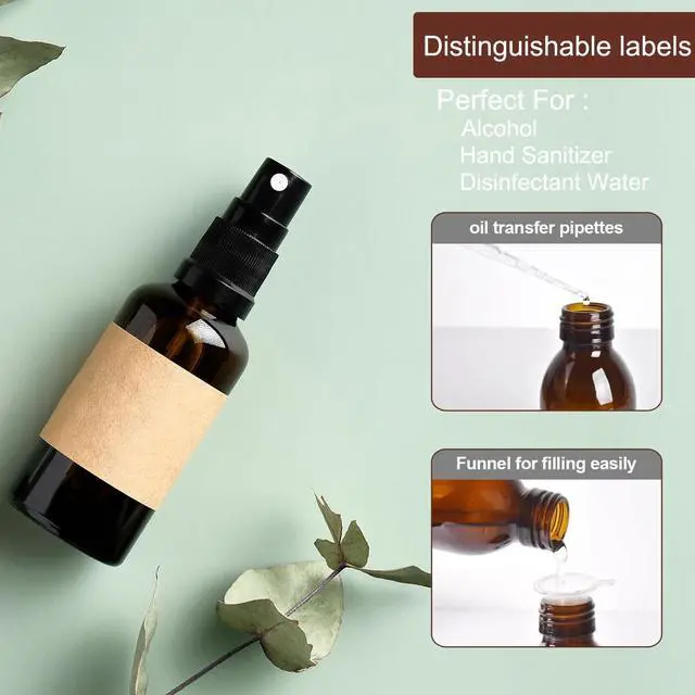 Alt view image 6 of 7 - LANBEAUTIFY 4 oz Amber Glass Spray Bottles - Small Empty Fine Mist Spray Bottle for Essential Oil,Face - Mini Dark Spray Bottles with,Included 6 Sprinkler, 1Funnels,1 Droppers, 4 Labels