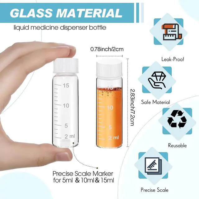 Alt view image 2 of 6 - Baderke 4 Pcs Liquid Medicine Travel Container, Clear,15ml | Scale Glass Liquid Container, Leak-proof, Small Single Dose Medicine Bottle, Dispenser and Leak-proof Plug, Travel Essentials