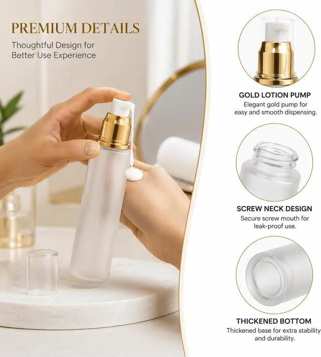 Alt view image 3 of 6 - 3Pcs Frosted Glass Lotion Pump Bottles Refillable Comestic Bottles Empty Travel Containers 60ml/20z with Pump Dispensers For Makeup Cream Emulsion Lotion Essential Oils