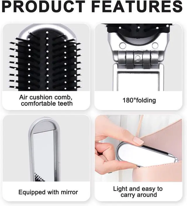 Alt view image 3 of 6 - Foldable Hair Brush with Mirror, Portable Travel Brush - Compact Pocket-Size Folding Detangling Comb for Women Men, Gym, Travel, Purse, Swimming (Anti-Static, Wet/Dry Hair, Massage Bristles)