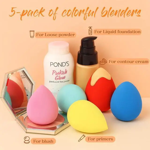Alt view image 7 of 7 - BEAKEY Makeup Sponge Set, 5 Pack Foundation Beauty Sponges & Soft Blenders | Micro Porous Low Absorption, for Liquid Cream & Powder Application, Latex Free Vegan & Cruelty-Free, Reusable & Durable